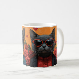 Russisch Blau Katze mit Herz Rosen Valentinstag Kaffeetasse