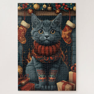 Russisch Blau Katze mit Weihnachtsgeschenken Kamin Puzzle