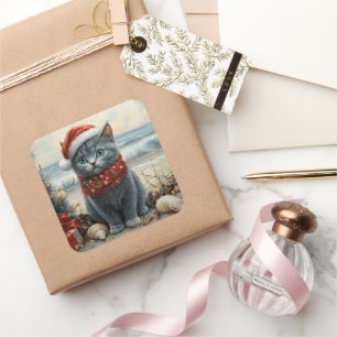 Russisch Blau Katze Weihnachten Vintage Strand Quadratischer Aufkleber