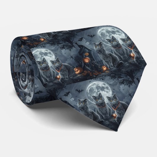 Russisch Blau Katzen Halloween Gruselig Krawatte (Gerollt)