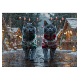 Russisch Blau Katzen Weihnachten Schnee Feiertag Schneidebrett