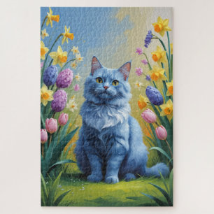 Russisch Blau Katzenmalerei mit Frühlingsblumen Puzzle
