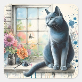 Russisch-graue Katze in den Sommerferien - Blume Quadratischer Aufkleber