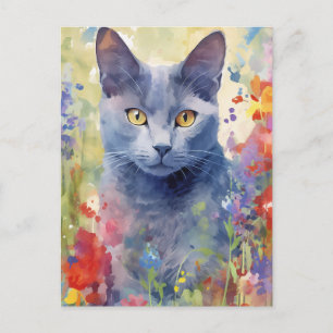 Russische blaue Katze farbige Blume Postkarte