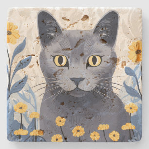 Russische Blaue Katze Gelbe Blumen Travertin Steinuntersetzer