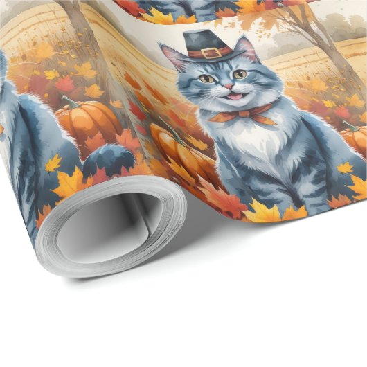 Russische Blaue Katze Herbst Verlassene Erntedank Geschenkpapier (Rolleneckpunkt)
