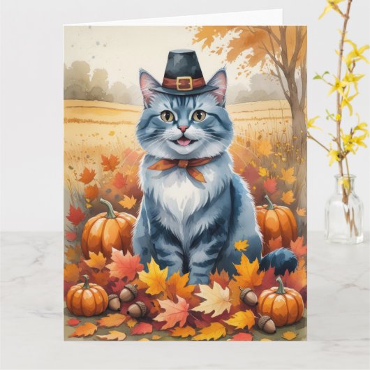Russische Blaue Katze Herbst Verlassene Erntedank Karte (Gelbe Blume)