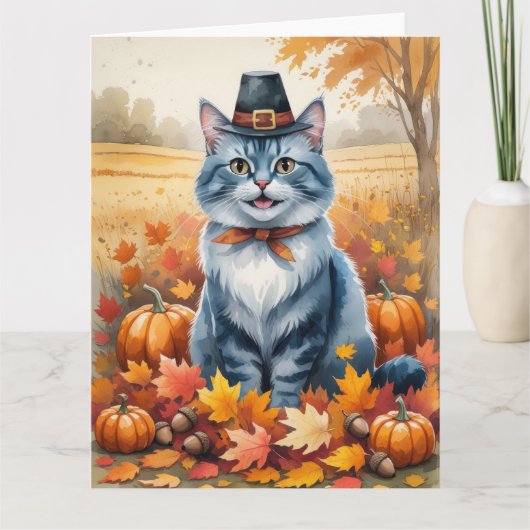 Russische Blaue Katze Herbst Verlassene Erntedank Karte (Vorderseite)