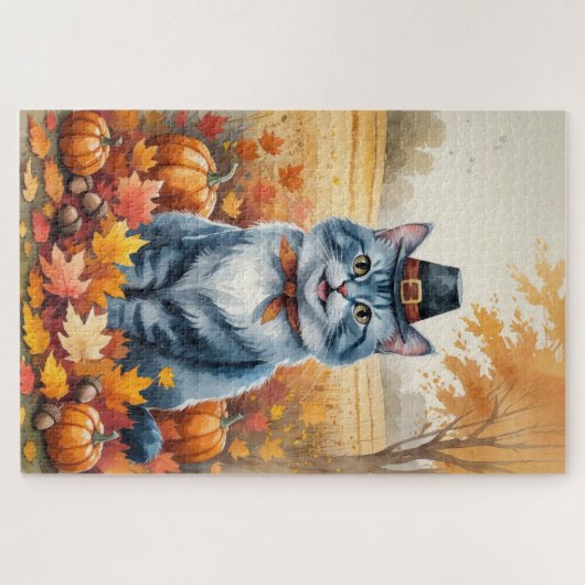 Russische Blaue Katze Herbst Verlassene Erntedank Puzzle (Horizontal)