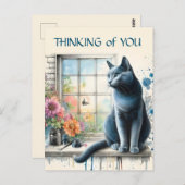 Russische Blaue Katze im Fenster mit Sommerferien- Postkarte (Vorne/Hinten)