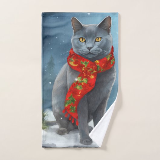 Russische Blaue Katze im Schnee Weihnachten Badhandtuch Set (Handtuch)