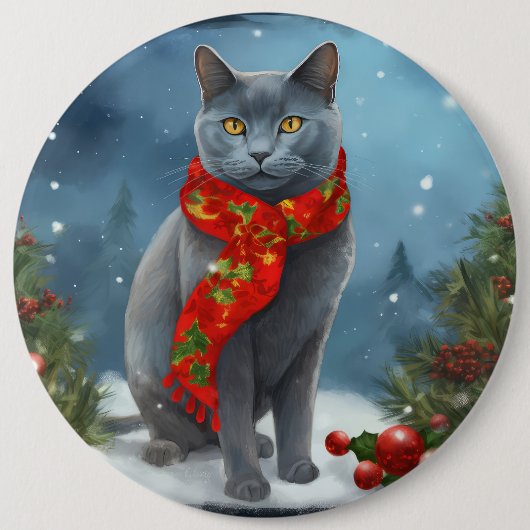 Russische Blaue Katze im Schnee Weihnachten Button (Vorderseite)