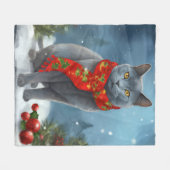 Russische Blaue Katze im Schnee Weihnachten Fleecedecke (Vorderseite (Horizontal))