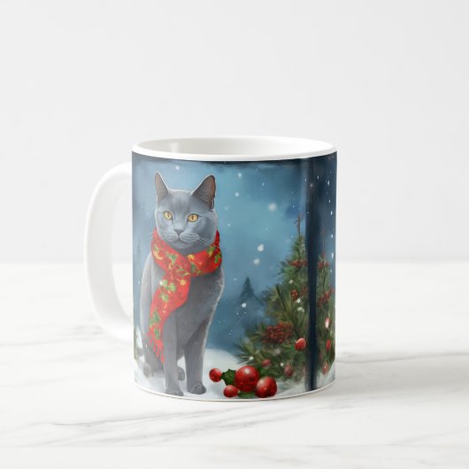 Russische Blaue Katze im Schnee Weihnachten Kaffeetasse (Vorderseite Links)