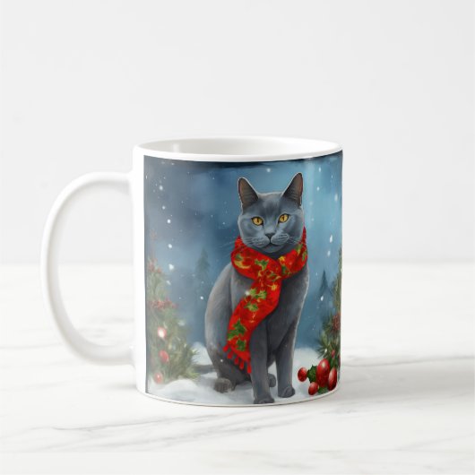 Russische Blaue Katze im Schnee Weihnachten Kaffeetasse (Links)