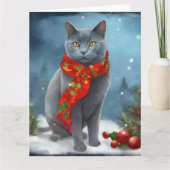 Russische Blaue Katze im Schnee Weihnachten Karte (Vorderseite)