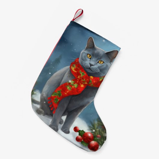 Russische Blaue Katze im Schnee Weihnachten Kleiner Weihnachtsstrumpf (Vorderansicht (hängend))