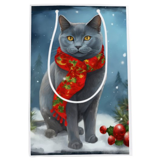 Russische Blaue Katze im Schnee Weihnachten Mittlere Geschenktüte (Vorderseite)