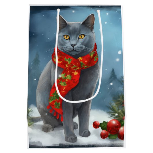 Russische Blaue Katze im Schnee Weihnachten Mittlere Geschenktüte (Rückseite)