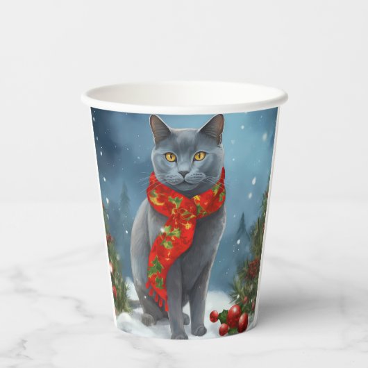 Russische Blaue Katze im Schnee Weihnachten Pappbecher (Rückseite)