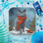 Russische Blaue Katze im Schnee Weihnachten Pappteller (Party)