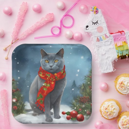 Russische Blaue Katze im Schnee Weihnachten Pappteller (Party)