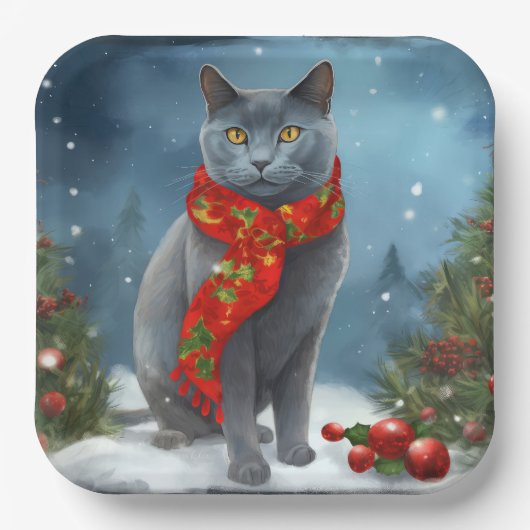 Russische Blaue Katze im Schnee Weihnachten Pappteller (Vorderseite)