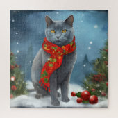 Russische Blaue Katze im Schnee Weihnachten Puzzle (Vertikal)