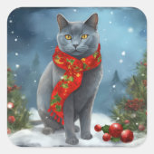 Russische Blaue Katze im Schnee Weihnachten Quadratischer Aufkleber (Vorderseite)