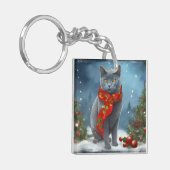 Russische Blaue Katze im Schnee Weihnachten Schlüsselanhänger (Vorderseite links)