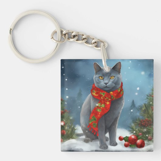 Russische Blaue Katze im Schnee Weihnachten Schlüsselanhänger (Vorderseite)