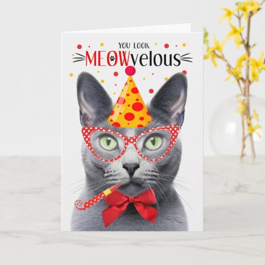 Russische Blaue Katze MEOWvelous Geburtstag Karte (Gelbe Blume)
