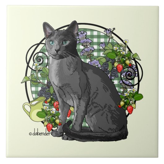 Russische blaue Katze mit Beeren Fliese (Vorderseite)