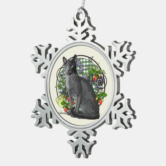 Russische blaue Katze mit Beeren Schneeflocken Zinn-Ornament (Rechts)