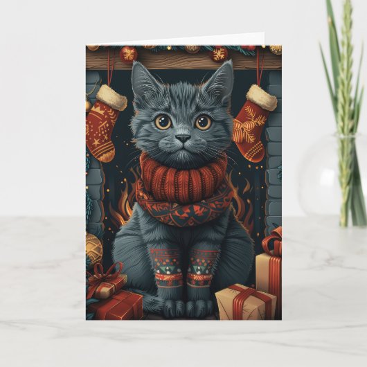 Russische blaue Katze mit Weihnachtsgeschenken Feu Karte (Vorderseite)
