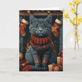Russische blaue Katze mit Weihnachtsgeschenken Feu Karte (Gelbe Blume)