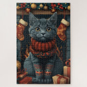 Russische blaue Katze mit Weihnachtsgeschenken Feu Puzzle (Vertikal)