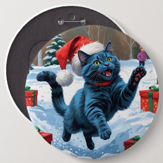 Russische blaue Katze mit Weihnachtsmütze Button (Vorne & Hinten)