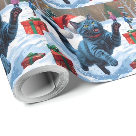 Russische blaue Katze mit Weihnachtsmütze Geschenkpapier (Rolleneckpunkt)