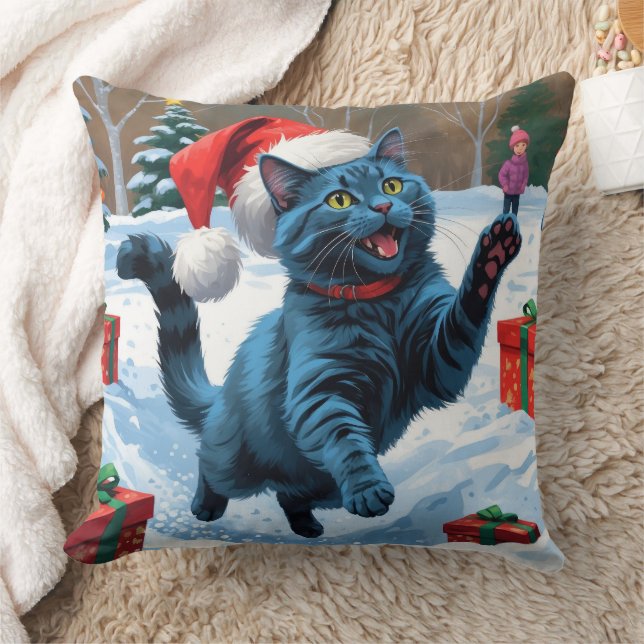 Russische blaue Katze mit Weihnachtsmütze Kissen (Decke)