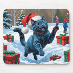 Russische blaue Katze mit Weihnachtsmütze Mousepad