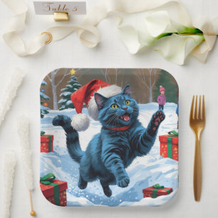 Russische blaue Katze mit Weihnachtsmütze Pappteller