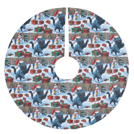 Russische blaue Katze mit Weihnachtsmütze Polyester Weihnachtsbaumdecke (Vorderseite)