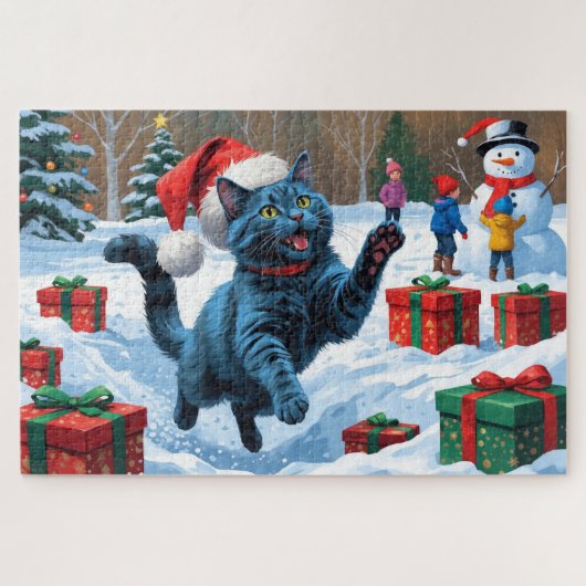 Russische blaue Katze mit Weihnachtsmütze Puzzle (Horizontal)