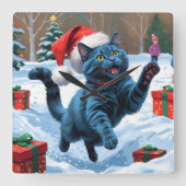 Russische blaue Katze mit Weihnachtsmütze Quadratische Wanduhr (Vorderseite)