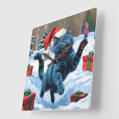Russische blaue Katze mit Weihnachtsmütze Quadratische Wanduhr (Winkel)