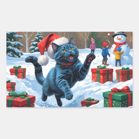 Russische blaue Katze mit Weihnachtsmütze Rechteckiger Aufkleber (Vorderseite)