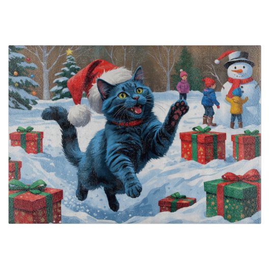 Russische blaue Katze mit Weihnachtsmütze Schneidebrett (Vorderseite)