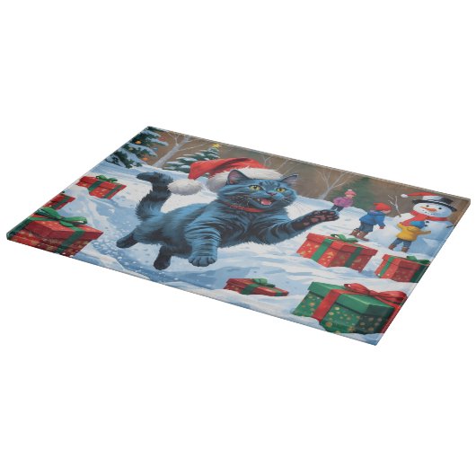 Russische blaue Katze mit Weihnachtsmütze Schneidebrett (Ecke)