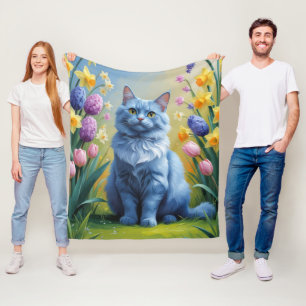 Russische Blauen Katzen Frühlingsblumen Malerei Fleecedecke